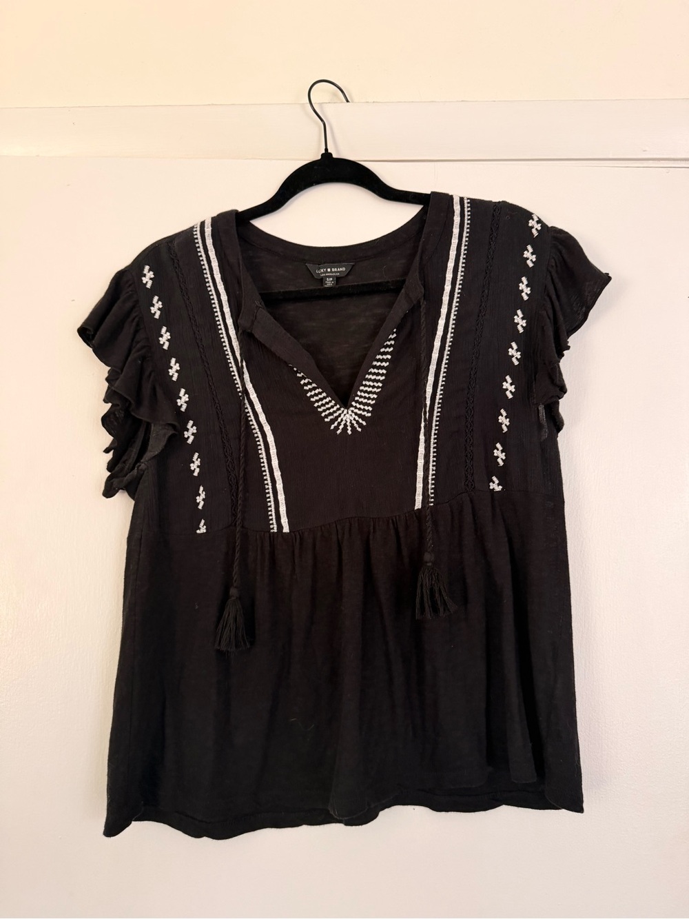Lucky Brand Black Short-Sleeve Embroidered V-Neck Top with Tassels